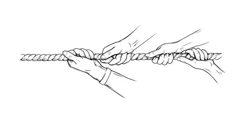 Tug war competition with rope. Hands pulling rope together, teamwork concept. Sketch hand drawn vector illustration isolated in white background © liu_miu