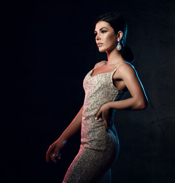 Profile of rich gorgeous woman in silver strapless cocktail dress walking at high society party, social event over dark background. Beautiful women and sexual outfit concept
