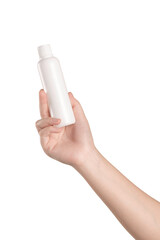 Woman hand holding a white plastic bottle on white background
