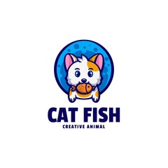 Vector Logo Illustration Cat Fish Mascot Cartoon Style.