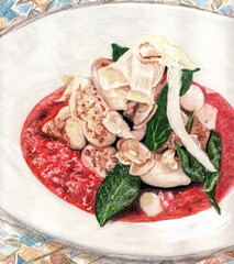 Gnocchi food in sparkling tomato sauce in white dish positioned on a bench. With sage and toasted almonds. Pencil drawing.