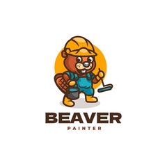 Vector Logo Illustration Beaver Painter Mascot Cartoon Style.