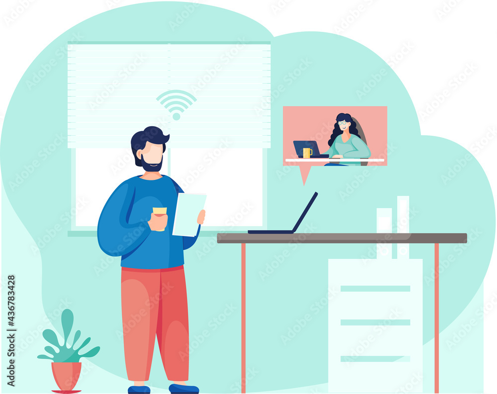 Poster online meeting via group call. man talking to colleague in video conference standing near computer a