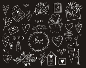 Hand drawn abstract doodle set with hearts, flowers, gift, home, decor elements. Romantic mood design. Valentine's Day - print