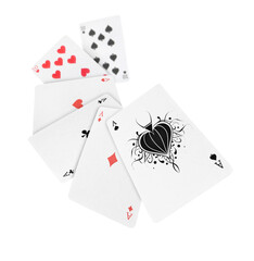 Flying playing cards on white background