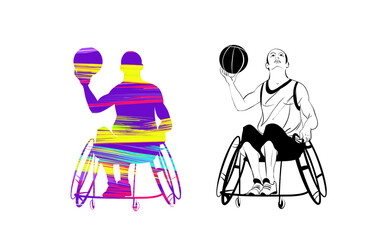 People with disabilities in sport action. Silhouettes with colorful brush strokes inside. Vector illustration on white background.