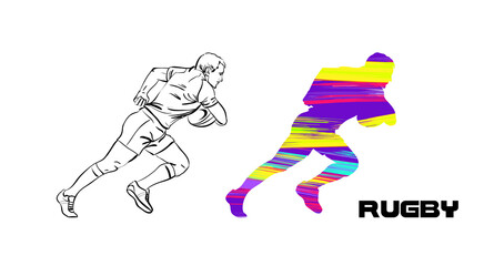 Poster with people in dynamic game or action. Colorful silhouettes with brush stroke inside.