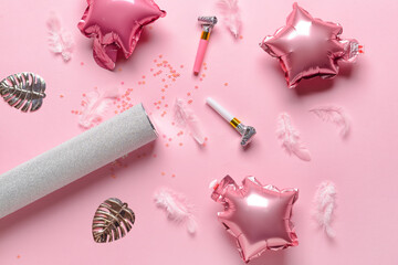 Party set with confetti on color background