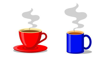 Red and blue cup of coffee or tea. Coffee cup with smoke float up. Vector Illustration. Flat style. Decorative design for cafeteria, posters, banners, cards.