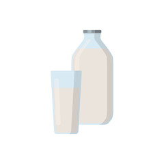 Flat vector illustration set of milk, kefir iin old fashioned glass bottle and glass of milk. Isolated on white background.