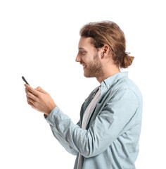 Handsome young man using mobile phone on white background