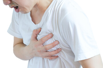 Heart attack, Man standing chest pain in the bedroom Health concept.