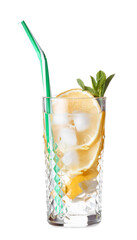 Glass of tasty cold lemonade on white background