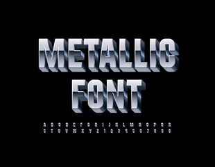 Vector Metallic Font. Silver 3D ALphabet, Reflective iron Letters and Numbers set