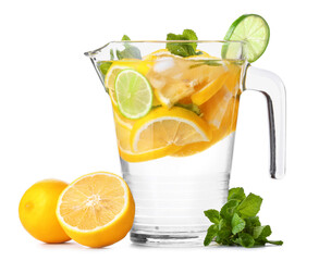 Jug of tasty cold lemonade on white background