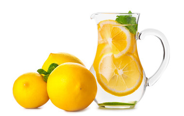 Jug of tasty cold lemonade on white background