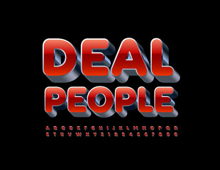 Vector business template Deal People. Metal Alphabet Letters and Numbers. Red and Silver 3D Font