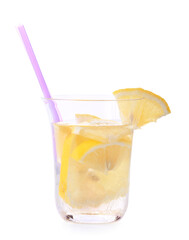 Glass of tasty cold lemonade on white background