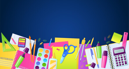 School poster with stationery and education supplies for children study on blue background. Vector cartoon poster with border of school stuff, pen, pencils, eraser, notebooks, scissor and calculator