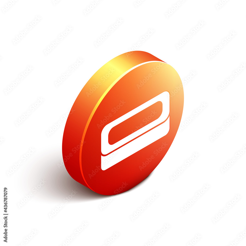 Poster isometric bar of soap icon isolated on white background. soap bar with bubbles. orange circle button