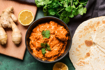 Bowl of tasty chicken tikka masala on color background