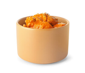 Bowl of tasty chicken tikka masala on white background