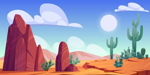 Poster Desert landscape with rocks, cactuses and mountains on skyline. Vector cartoon illustration of hot sand desert in Africa with stones, dune, plants and sun in sky © klyaksun