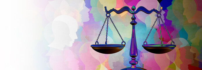 Social justice equality rights as a crowd of diverse people with a law symbol representing community legislation and  an equal right or legal lawyer icon - obrazy, fototapety, plakaty