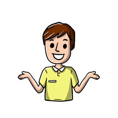 Man with the Spread hands. Uncertainty and shrugging. Smiling young man in shirt. Doubt and timidity. Hand drawn sketch cartoon. Funny illustration
