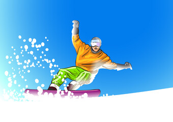 Fototapeta na wymiar Ski and snowboard. Winter sport creative poster design. Cartoon style character on vintage background. Vector illustration.