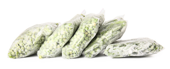 Plastic bags with frozen green peas and beans on white background