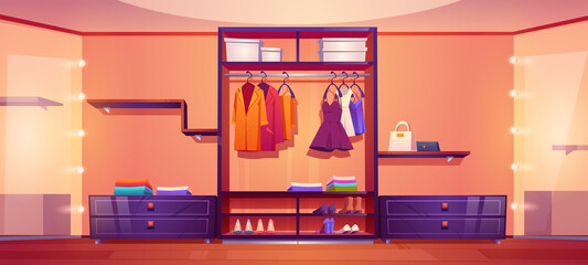 Spacious walk-in closet or dressing room full of male and female clothes. Dresses hang on hangers, bags and boxes with footwear on wardrobe shelves and illuminated mirrors cartoon vector illustration