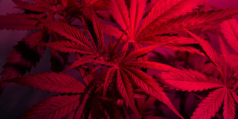 growing marijuana with LED phyto lighting. purple cannabis leaves.
