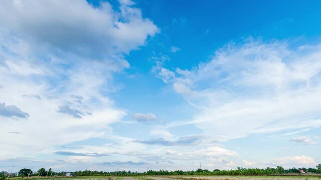 4K Time lapse of beautiful air atmosphere bright blue sky weather nature background abstract clear texture with white clouds summer sun day.