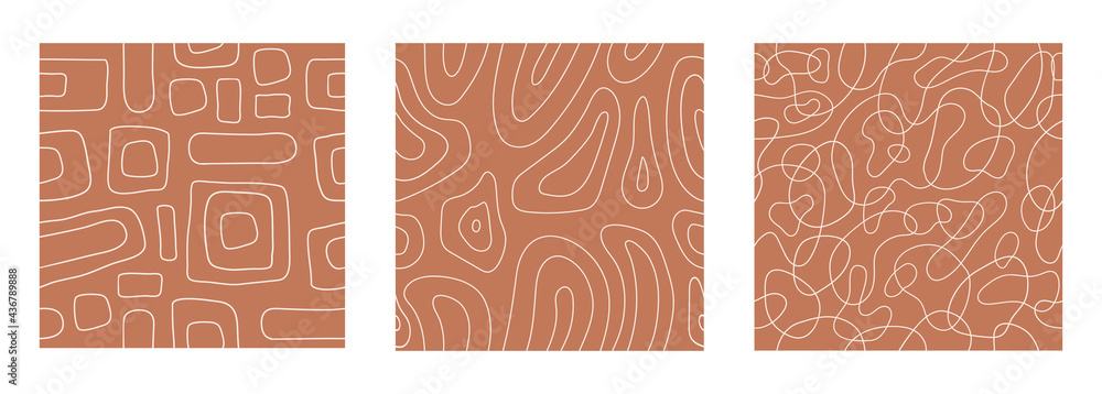 Poster Stylish set abstract seamless pattern with  white geometric tangled lines on terracotta background. Vector doodle design	
