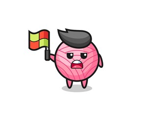 yarn ball character as line judge putting the flag up