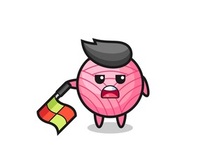 yarn ball character as line judge hold the flag down at a 45 degree angle