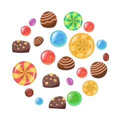 Fototapeta na wymiar Sweets round. Assorted dessert. Candy caramel. Lollipops. Flat background isolated illustration. Vector..vertical. Vector