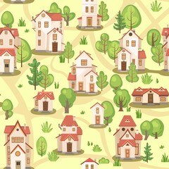 Town with roads. Map. Seamless illustration with cartoon village or city houses. Street. Day. Nice cozy private residence in traditional style. Dark background. Nice funny home. Vector