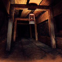 Dark scene with a tunnel in an old abandoned mine lit by a lantern. 3D render.