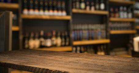wood table on blur of cafe, coffee shop, bar, background - can used for display or montage your products