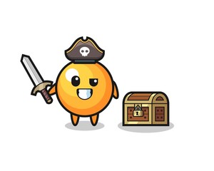 the ping pong ball pirate character holding sword beside a treasure box