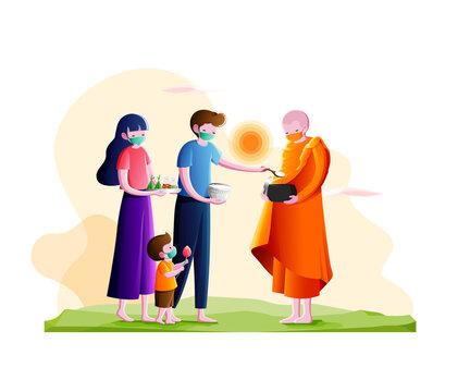 Buddhist monk holding alms bowl to receive food offering from couple and little boy in the morning-Make merit in a new normal concept.