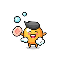 ping pong ball character is bathing while holding soap