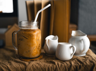 Iced coffee iced latte on table in home