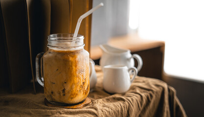Iced coffee iced latte on table in home