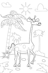 Jungle, Africa safari animal Giraffe coloring book edicational illustration for children. Vector white black cartoon outline illustration
