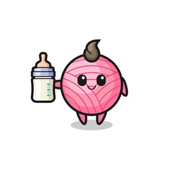 baby yarn ball cartoon character with milk bottle