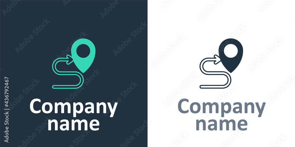 Poster Logotype Route location icon isolated on white background. Map pointer sign. Concept of path or road. GPS navigator. Logo design template element. Vector