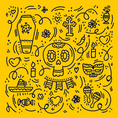 Day of the Dead, background Dia de los muertos. Pattern with a skull or greeting card. Colorful vector illustration linear in Mexico. Vector illustration